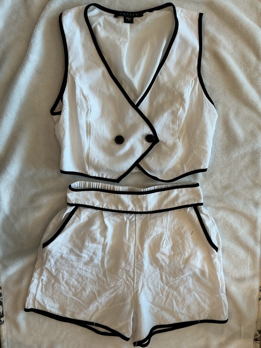 Two-Piece White Crop Vest & Shorts Set with Black Trim